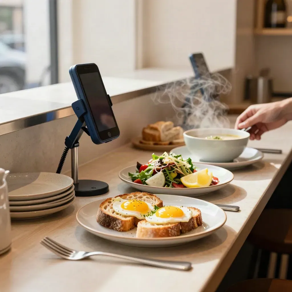 Leidse lunchcounter met dampende borden, keramische stapels en een telefoonclip bij de pass.